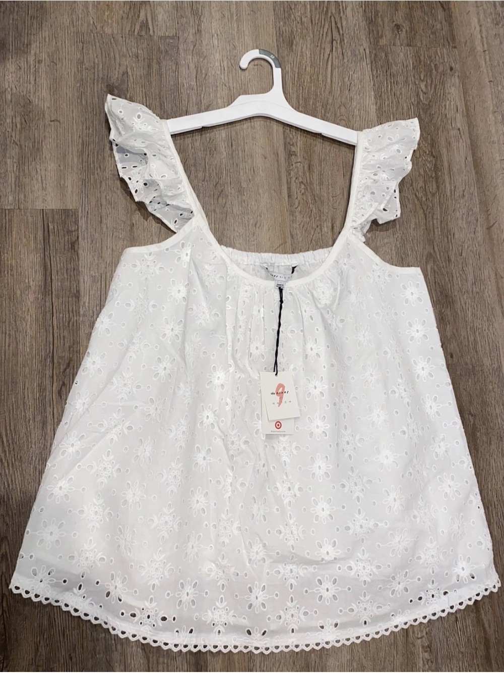 The Nines by HATCH White Eyelet Ruffle-Strap Camisole NWOT